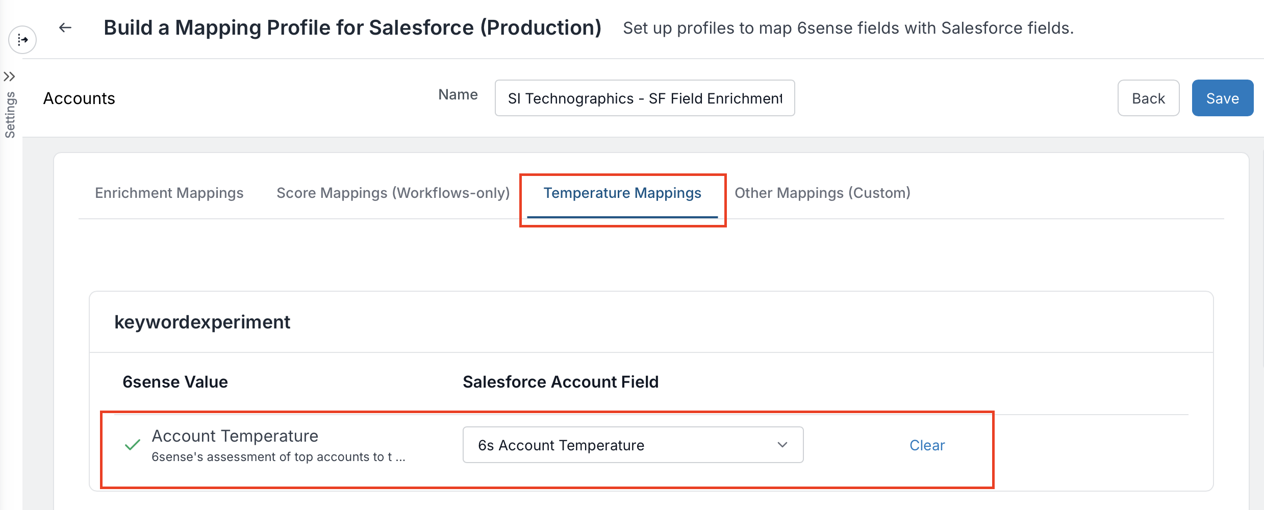 Mapping profile setup for Salesforce with highlighted temperature mappings section.